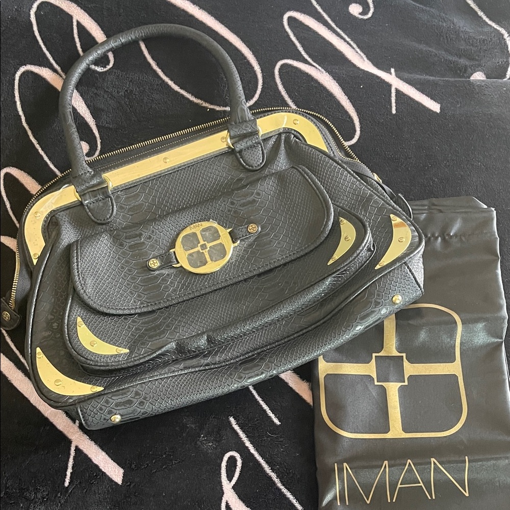 IMAN Elegant Black and Gold Textured Bag